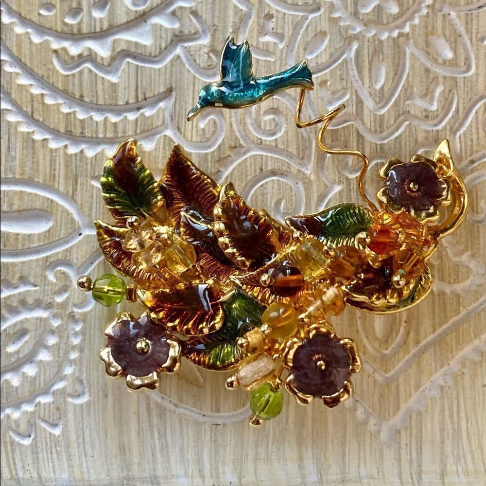Vintage KC Hummingbird Floral Brooch
